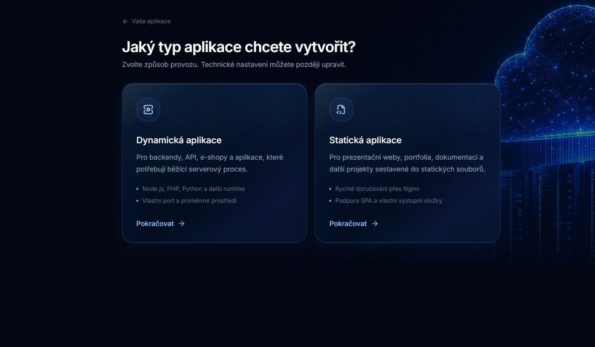 NoyraCloud při založení aplikace srozumitelně vysvětluje rozdíl mezi běžící aplikací a statickým webem.