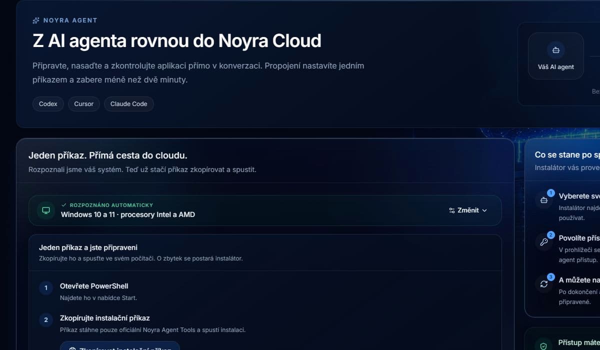 Stránka s rozhraním pro Noyra Agenta, podporovanými AI nástroji a postupem připojení.